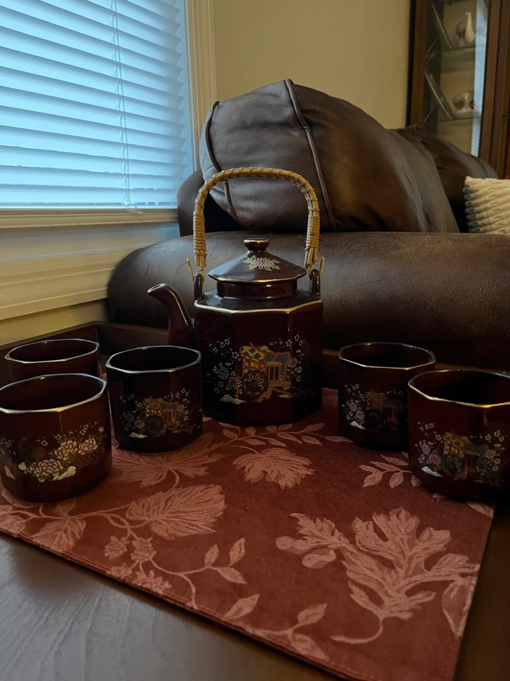 Peacock Japanese / Chinese Asian Tea Set Tea Pot with Woven Handle & 5 teacups